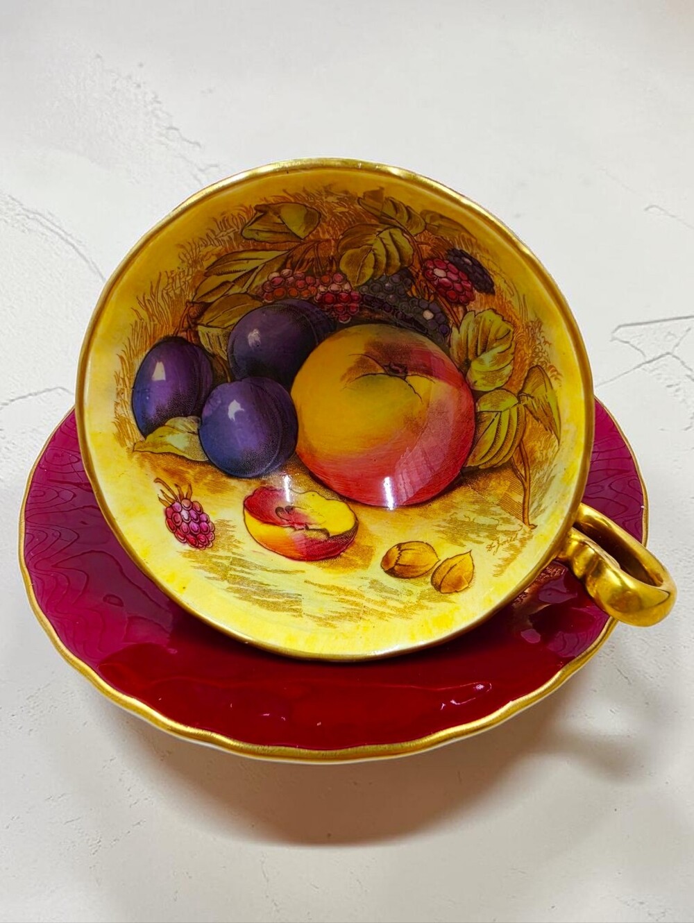 John Aynsley & Sons Orchard Fruit Red Footed Cup & Saucer Set England Signed